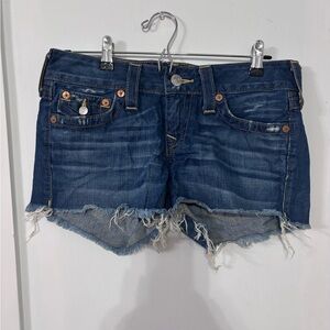 True Religion Dark Blue Distressed Denim Cutoff Shorts